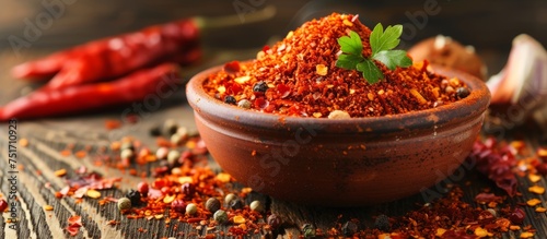 Vibrant bowl of red chili powder with a sprinkle of hot chili spice for cooking recipes
