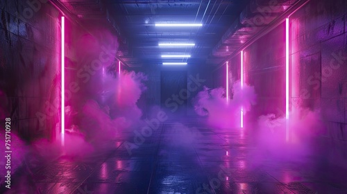 Cyberpunk inspired dark scene, neon streaks, and foggy floor for dynamic product showcases. © Kanisorn