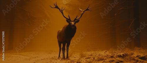 a deer standing in the middle of a snow covered forest with a bird perched on it's antlers.