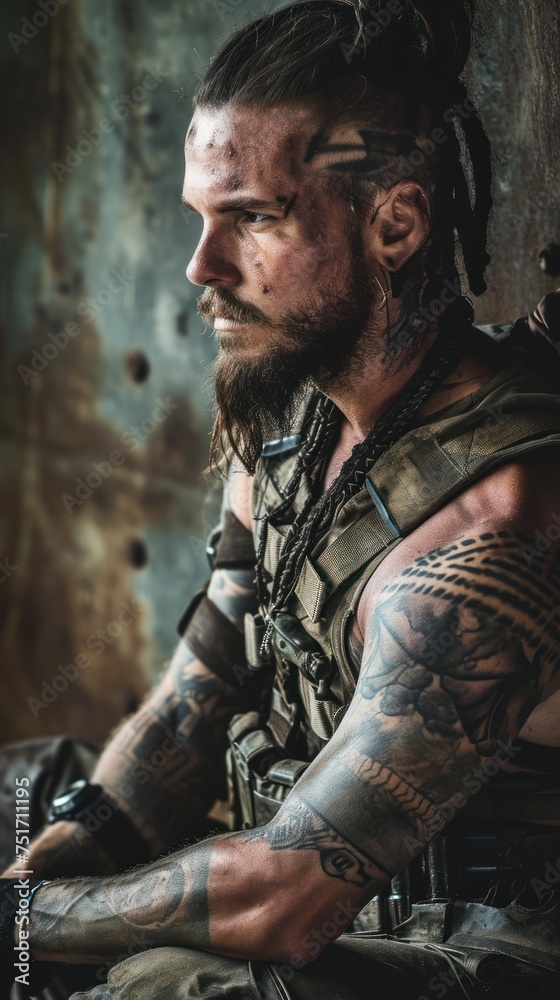 A man with tattoos and a beard is sitting in a chair. He has a serious expression on his face and his gaze is directed towards the right side of the image.