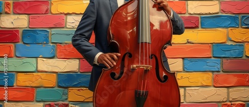a man in a suit and tie holding a cello in front of a wall of multicolored ceramic tiles.