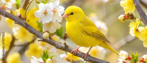 a yellow bird perched on a branch of a tree with white and yellow flowers in the foreground and a blurry background.