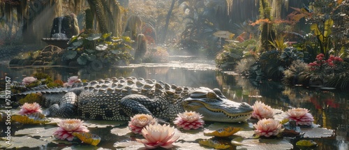 a large alligator laying on top of a body of water surrounded by lily pads and a pond of water lillies. photo