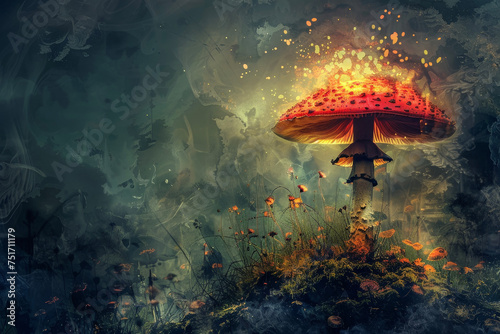 A mushroom with a red color and a cap and a professional overlay on the fantasy