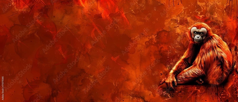 a painting of a monkey sitting in front of a red and orange background with a grungy look on it's face.