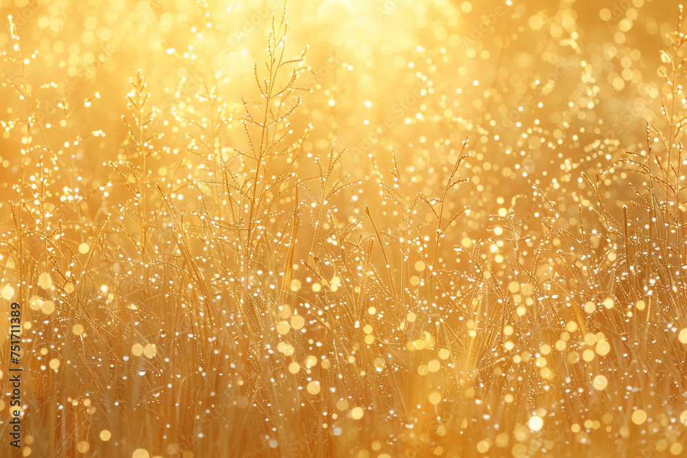 Design a mottled background that captures the essence of a sun-drenched meadow at sunrise, with golden light filtering through dewy grass - obrazy, fototapety, plakaty 