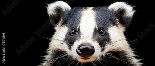 a close - up of a badger's face with a black and white stripe on it's nose.