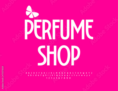 Vector beautiful Advertisement Perfume Shop. Stylish White Font. Modern Alphabet Letters and Numbers set.
