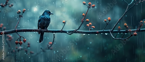 a bird sitting on a tree branch in the rain with berries on it's branch and water droplets on the branches. photo