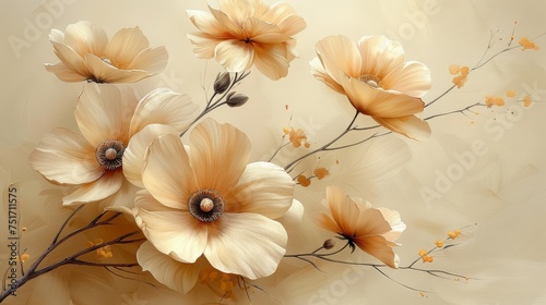 a painting of a bunch of flowers on a beige background with yellow and brown flowers on the bottom of the picture.