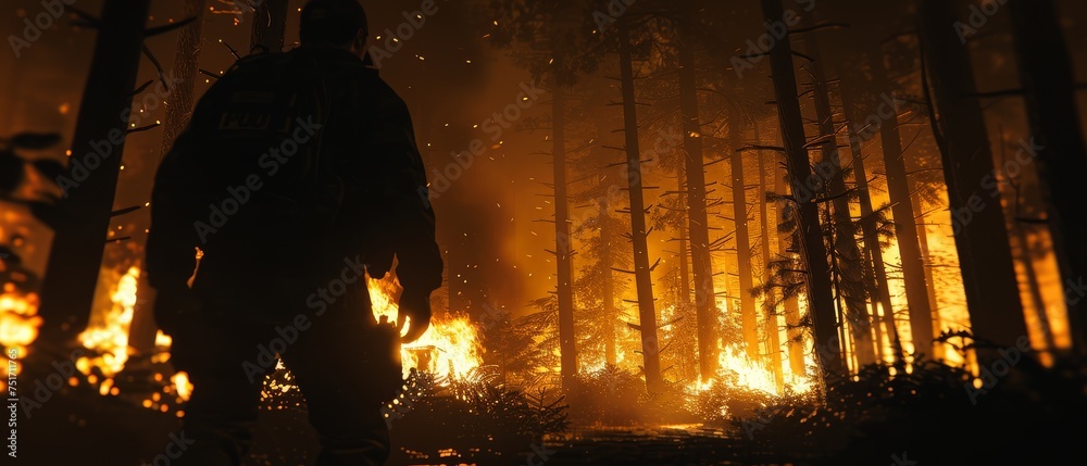 a man with a backpack standing in front of a fire in a forest filled with lots of tall pine trees. a man with a backpack standing in front of a fire in a forest filled with lots of tall pine trees.