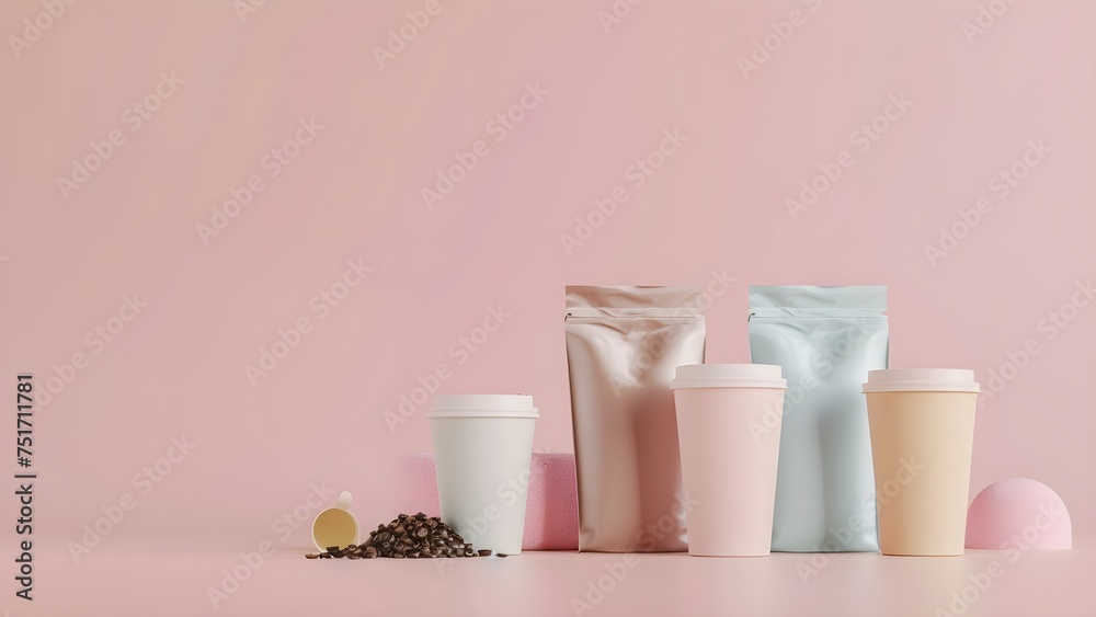 coffee packages and cup mockups in pastel colors for product presentation coffee packages and cup mockups in pastel colors for product presentation