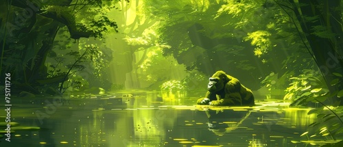 a gorilla sitting in the middle of a river surrounded by trees and greenery, with a reflection in the water.