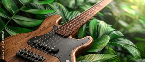 a close up of an electric bass guitar in front of a leafy background of green and brown plants and leaves. photo