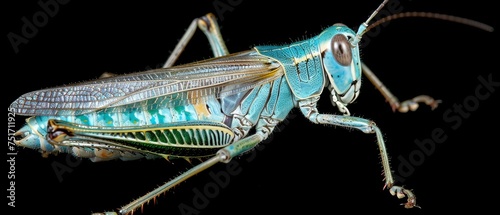 a close up of a grasshopper insect on a black background, looking at the camera with an intense look on its face. © Jevjenijs