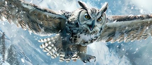 a digital painting of an owl flying through the air with it's wings open and it's eyes wide open. photo