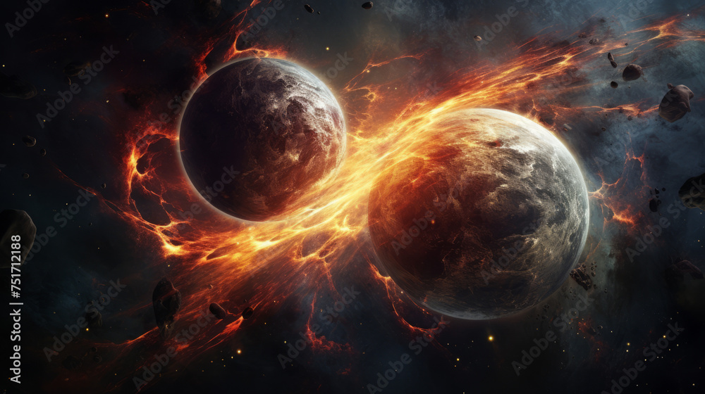 This dramatic image captures the cataclysmic collision of two planets with a dynamic explosion of fiery debris and energy This dramatic image captures the cataclysmic collision of two planets with a dynamic explosion of fiery debris and energy