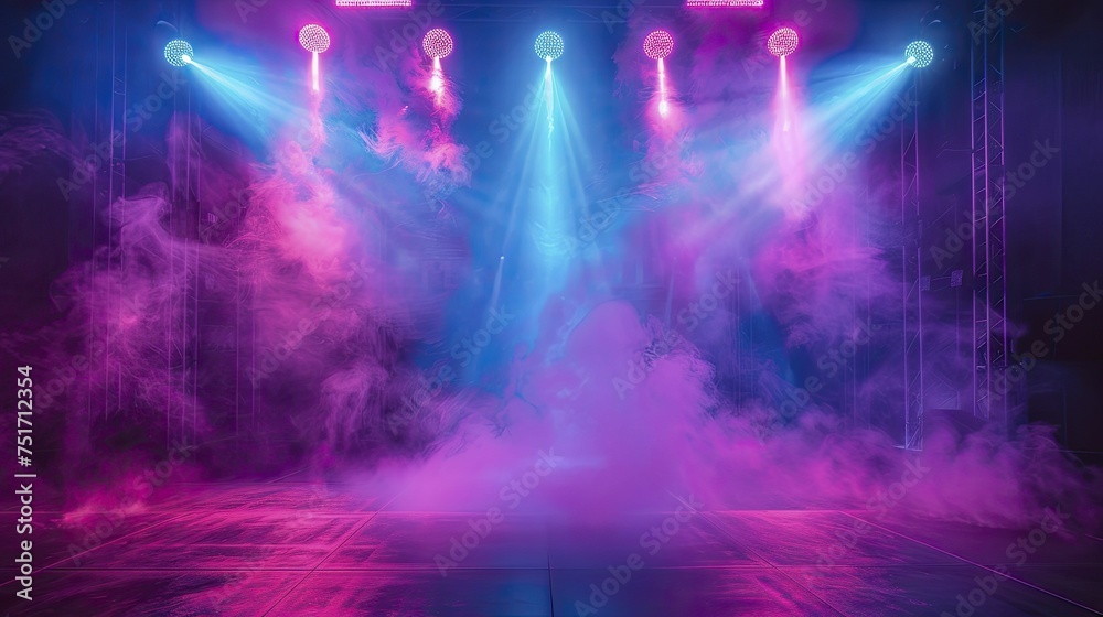 Empty stage with vibrant laser show in blue and purple, smoke adding depth to product setups.