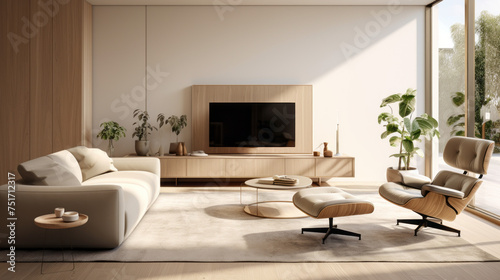A stylish living room with a plush armchair, Smart Home devices, and a wall-mounted TV © Textures & Patterns