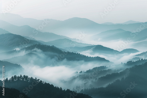 Design a mottled background that mirrors the serene beauty of early morning fog over a mountain range, blending soft grays and blues to convey depth and tranquility