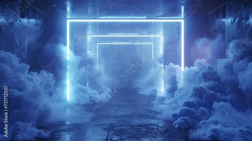 Ethereal dark blue room with floating neon particles and smoke for enchanting product reveals.