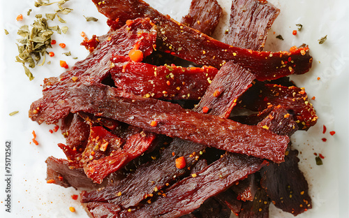 Capture the essence of Beef Jerky in a mouthwatering food photography shot