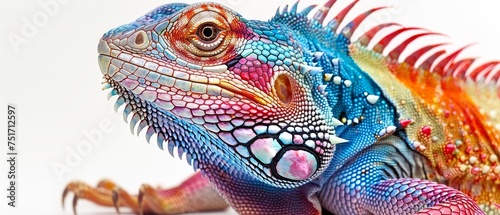 a close up of an iguana on a white background with a red, yellow, and blue color scheme. © Jevjenijs