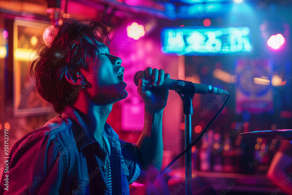 Passionate Karaoke Enthusiast Singing with Emotion under Vibrant Lights