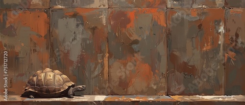 a tortoise sitting on a ledge in front of a rusted wall with paint peeling off of it. photo