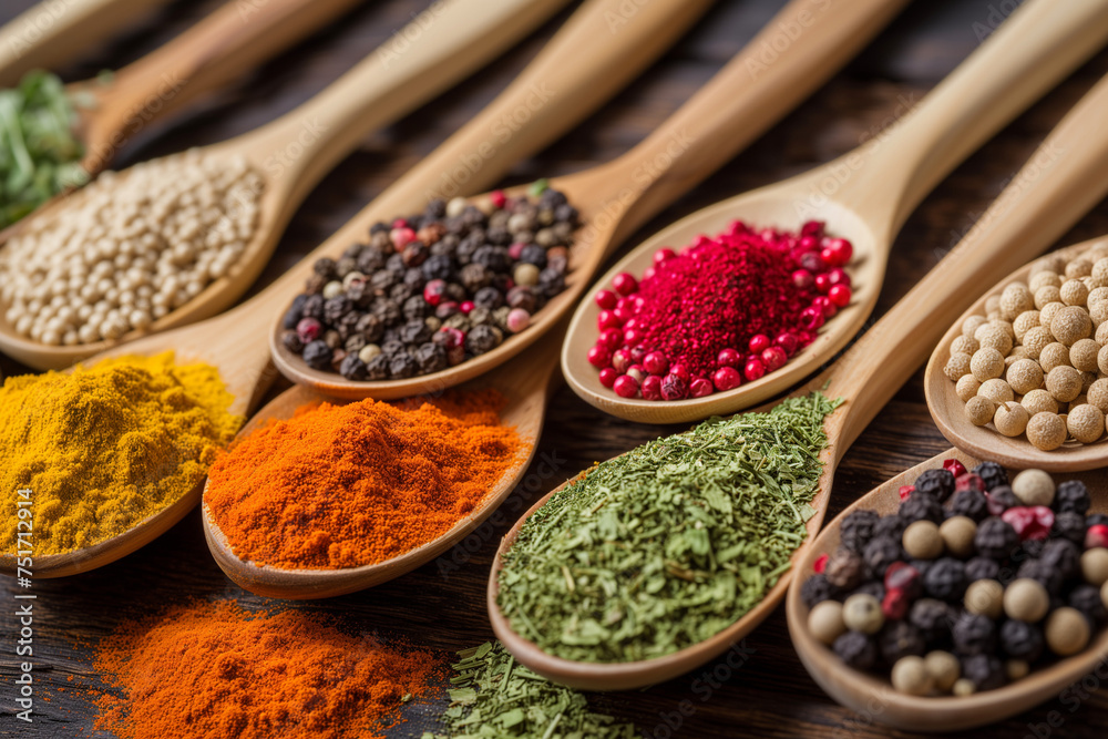 a variety of colorful spices in a wooden spoon. close up. High quality photo a variety of colorful spices in a wooden spoon. close up. High quality photo