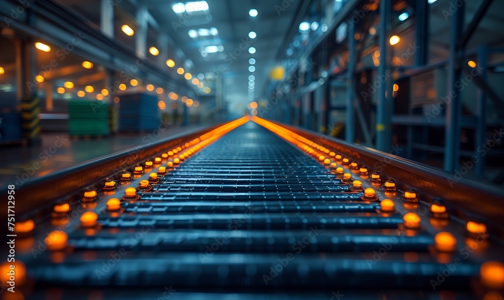 A closeup of train tracks in a factory with lights illuminating them, showcasing the symmetry and technological advancement in the bustling metropolis city