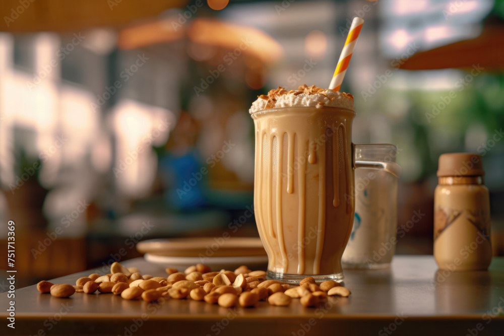 Creamy peanut butter smoothie in glass jar on table, garnished with whole nuts
