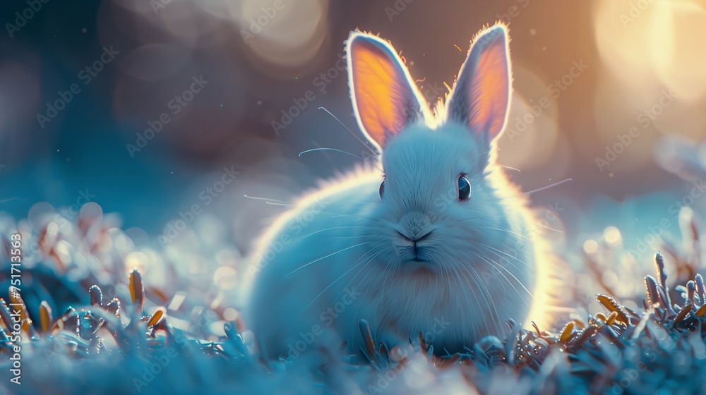 A Rabbit with white fur and long ears gazes at the camera in the grass - obrazy, fototapety, plakaty 