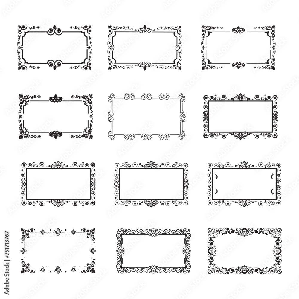 Rectangular frame set with decorative corner. Design border line black on white background. 