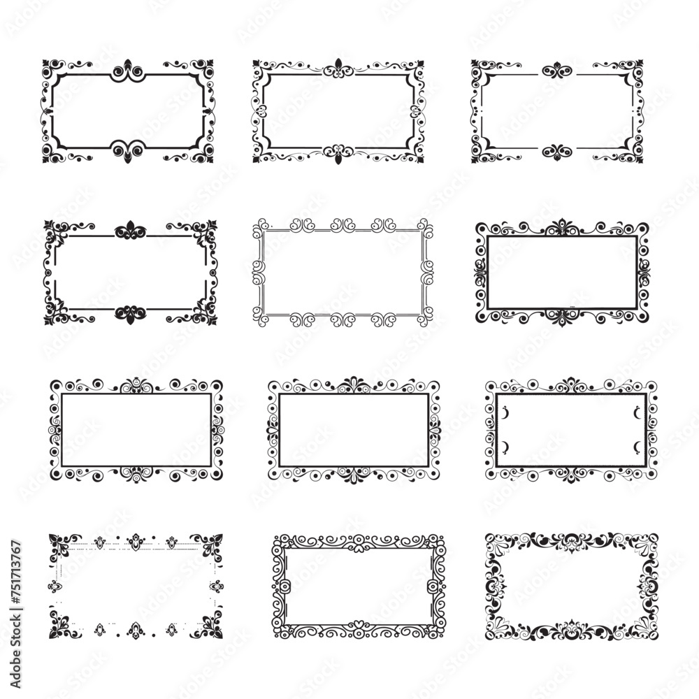 Rectangular frame set with decorative corner. Design border line black on white background. Rectangular frame set with decorative corner. Design border line black on white background.
