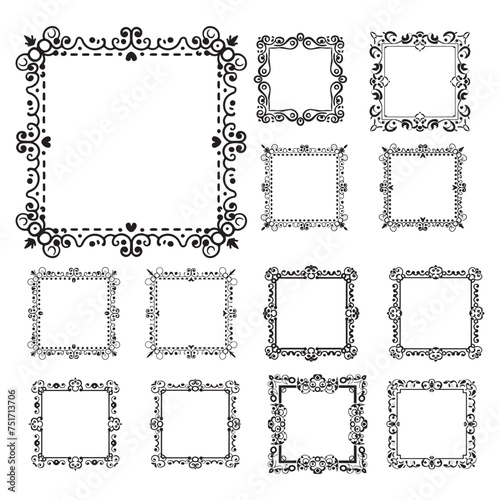 Rectangular frame set with decorative corner. Design border line black on white background.  © Kalan