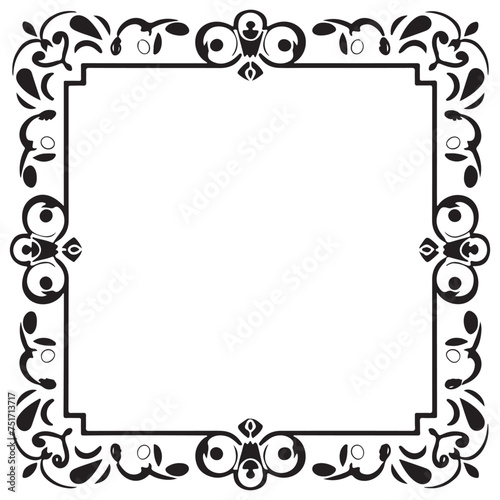 Rectangular frame with decorative corner. Design border line black on white background. 
