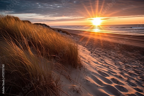 Beautiful sunset beach landscape image of stunning sky and grassy sand dunes © veneratio