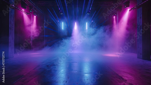 Shadowy stage with blue and purple neon, lasers casting patterns on asphalt for product mystique.
