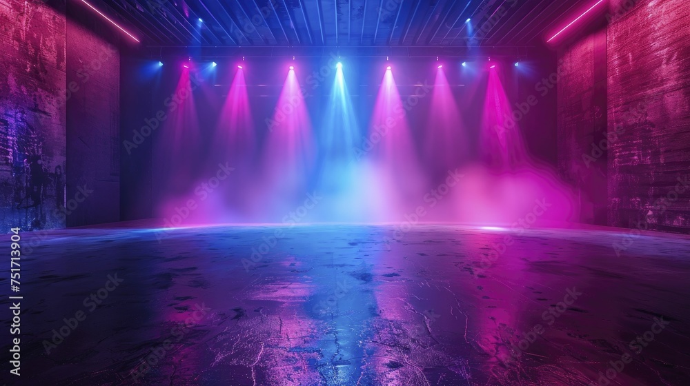 Spotlight illuminates the asphalt floor, dark stage with blue and purple neon, and lasers for dynamic displays.