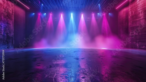 Spotlight illuminates the asphalt floor  dark stage with blue and purple neon  and lasers for dynamic displays.