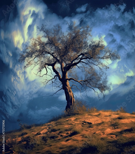 Stunning conceptual llustration of old tree full of character against dramatic blue sky background