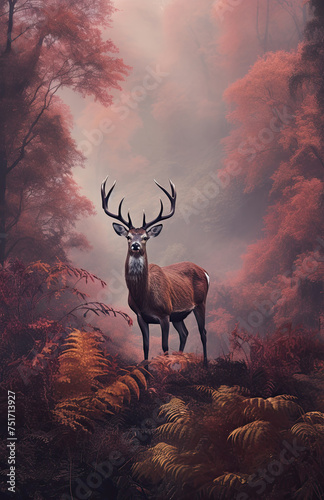Beautiful illustration of red deer stag in stunning forest landscape setting © veneratio