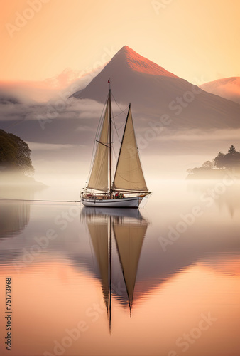 Beautiful illustration of lone sailing boat on misty mountain lake with mountains in the background photo