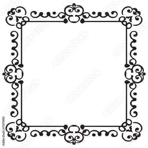 Rectangular frame with decorative corner. Design border line black on white background. 