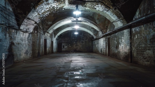 A blank closed underground hall  exuding mystery and concealed potential. What secrets lie within this secluded space