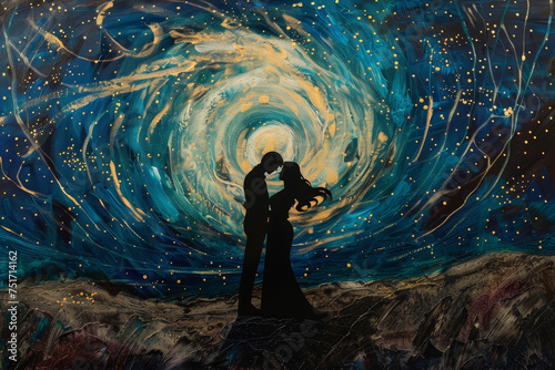 A painting of a starry night with a silhouette of a couple embracing