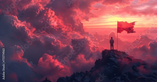 A man stands on a mountain peak at dusk, holding a red flag against the backdrop of a vibrant afterglow in the sky. The natural landscape in this ecoregion offers stunning sunrise views