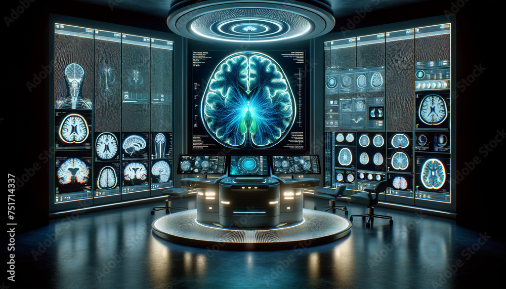 A futuristic medical imaging control room with an array of advanced screens and monitors displaying sophisticated 3D brain scans and various medical images. AI generated. A futuristic medical imaging control room with an array of advanced screens and monitors displaying sophisticated 3D brain scans and various medical images. AI generated.