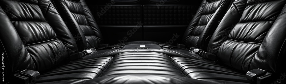 A monochromatic image showcasing the back seats of a car with flashes of light, dark wood, metal accents, tinted windows, and a symmetrical pattern